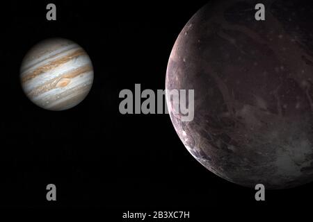 Jupiterplanet und Satellit Ganymede in Rotation im Weltraum. 3D-Rendering Stockfoto