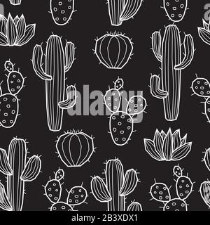 Cartoon nahtloser Hintergrund mit Kaktusmuster, farbig oder schwarz-weiß. Stock Vektor