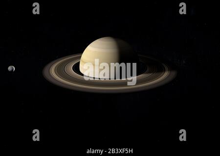 Mimas Mond umkreist den Saturnplaneten. 3D-Rendering Stockfoto