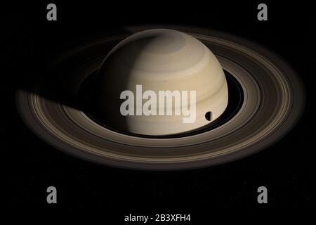 Mond umkreist Saturnplanet. 3D-Rendering Stockfoto