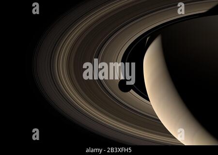 Mond umkreist den Saturnplaneten. 3D-Rendering Stockfoto