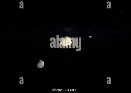 Tethys, Mimas und Enceladus umkreisen den Saturnplaneten. 3D-Rendering Stockfoto