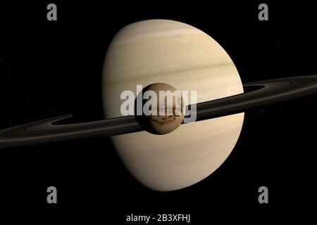 Titan, Saturnmond, rotierend und umkreist den Saturnplaneten. 3D-Rendering Stockfoto