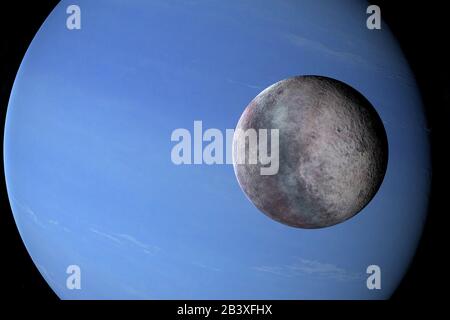 Triton umkreist in einer retrograden Umlaufbahn um den Neptun Planeten. 3D-Rendering Stockfoto