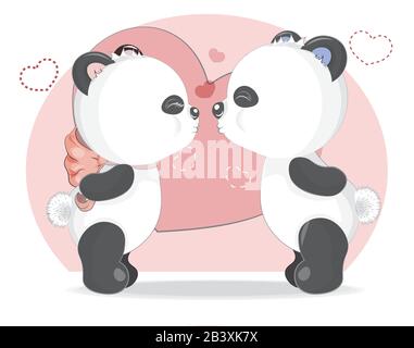 Kiss White Girl und Junge Panda Teddy Bär in Hearts, liebenswert niedliches Liebessymbol. Bild in handzeichnerischer Cartoon-Manier, für T-Shirt Mode Print d Stock Vektor