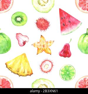 Handbemaltes Aquarell nahtloses Muster exotischer Früchte Stockfoto