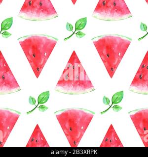 Handgemaltes Muster mit Wassermelone und grünen Blättern Stockfoto