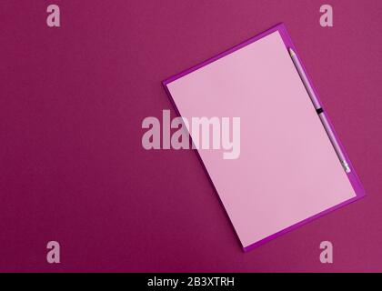 Rosafarbenes Notizbuch mit Bleistift auf pinkfarbenem Hintergrund. Stockfoto
