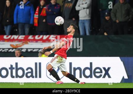 Derby, Derbyshire, Großbritannien. März 2020. Bruno Fernandes (18) von Manchester United beim FA-Cup-Spiel zwischen Derby County und Manchester United im Pride Park, Derby am Donnerstag, 5. März 2020. (Kredit: Jon Hobley / MI News) Foto darf nur für redaktionelle Zwecke in Zeitungen und/oder Zeitschriften verwendet werden, Lizenz für kommerzielle Nutzung erforderlich Credit: MI News & Sport /Alamy Live News Stockfoto