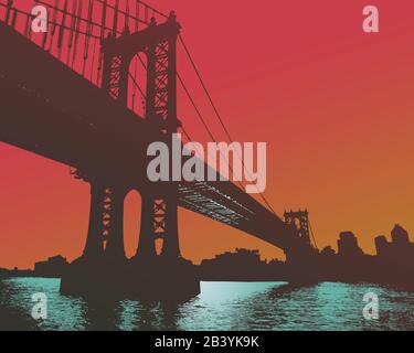 Digitale Illustration von Manhattan Bridge und New York City, während die Sonne untergeht Stockfoto