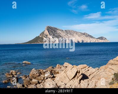 Wunderbarer Blick auf Tavolara von Cala Girgolu aus, Nordsardinien Stockfoto