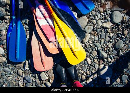 Buntes Hafer und Paddel mit Kajak- und Kanusport Stockfoto