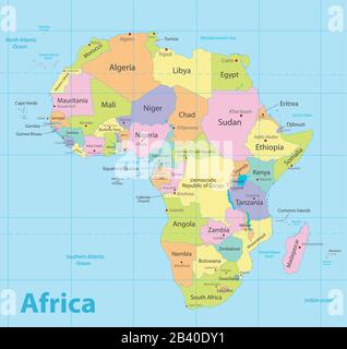 Afrika-Karte bunte, neue politische Detailkarte, separate Einzelstaaten, mit Staats- und Seenamen, blauer Hintergrundvektor Stock Vektor