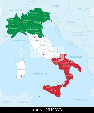 Italien Karte in Flaggenfarben mit Nachbarstaaten, administrative Aufteilung und Namen mit Städten, blauer Hintergrundvektor Stock Vektor