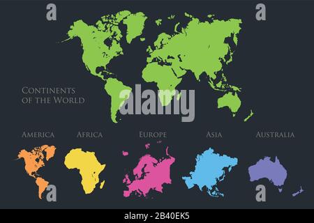 Weltkontinente Karte, Amerika, Europa, Afrika, Asien, Australien, Isoliert auf dunkelblauem Hintergrundvektor Stock Vektor