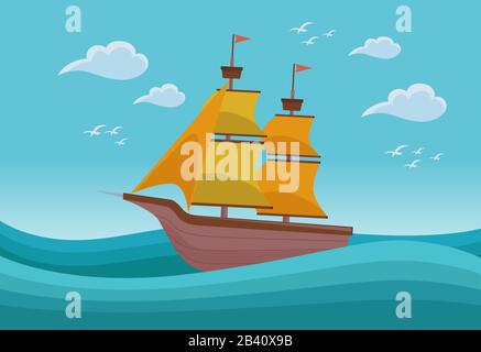 Vektordarstellung eines alten Schiffes, das auf dem Meer segelt. Stock Vektor