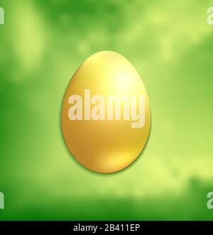 Goldenes Osterei, grüner Federhintergrund Vektor Stock Vektor