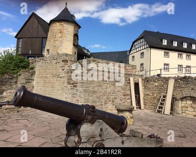 Historischer Kanon, Burg Waldeck, Hessen, Deutschland, Europa/Waldeck, alte Kanone, Schloss Waldeck; Hessen; Deutschland; Europa/Waldeck Stockfoto