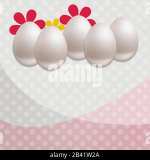 Frohe Ostern Grußkarte, Ei realistisch zum Glückwunsch, Blumen Hintergrund leer Stockfoto