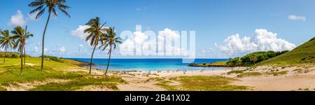 Panoramablick auf den tropischen Strand von Anakena mit Palmen und seine sandige Bucht, an der Nordküste der Osterinsel (Rapa Nui), Chile Stockfoto