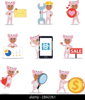 Charakter des Menschen als Schwein in süßen Tierkleidern setzen. Stock Vektor