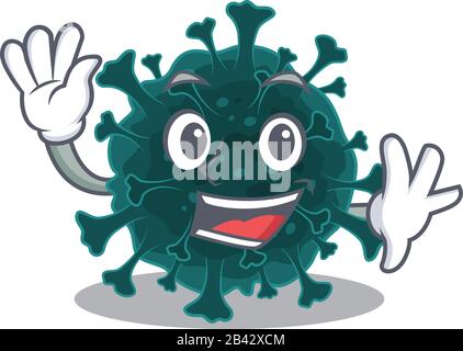 Smiley Coronavirus COVID 19 Cartoon-Maskottchen-Design mit schwenkender Hand Stock Vektor