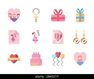 Set Design mit Füllstyle-Symbolen, Happy Mothers Day Love Relationship Decoration Begrüßung und Einladung Thema Vector Illustration Stock Vektor