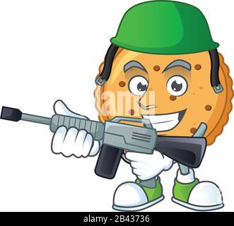 Erdnussbutterplätzchen Maskottchen in einer Armeeuniform mit Maschinenpistole Stock Vektor