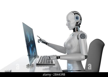 Konzept der Automatisierungsmitarbeiter mit 3D-Rendering für Frauen, die im Büro arbeiten Stockfoto