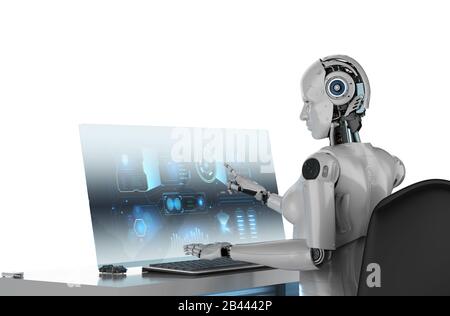 Konzept der Automatisierungsmitarbeiter mit 3D-Rendering für Frauen, die im Büro arbeiten Stockfoto