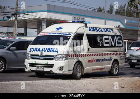 Chiangmai, Thailand - 13. Februar 2020: Rettungswagen der Verwaltungsorganisation Maejo Subdistrict. Foto an der Straße Nr.121 ca. 8 km vom Stadtzentrum entfernt Stockfoto