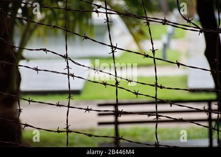 Stacheldraht auf Zaun mit Park im Hintergrund Stockfoto