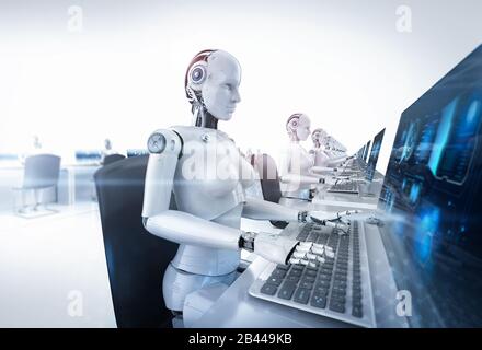 Konzept der Automatisierungsmitarbeiter mit 3D-Rendering weiblicher Cyborgs, die im Büro arbeiten Stockfoto