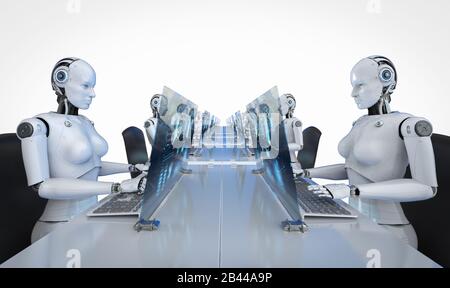 Konzept der Automatisierungsmitarbeiter mit 3D-Rendering weiblicher Cyborgs, die im Büro arbeiten Stockfoto