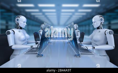 Konzept der Automatisierungsmitarbeiter mit 3D-Rendering weiblicher Cyborgs, die im Büro arbeiten Stockfoto