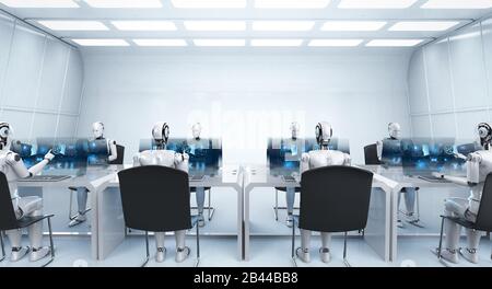 Konzept der Automatisierungsmitarbeiter mit 3D-Rendering weiblicher Cyborgs, die im Büro arbeiten Stockfoto