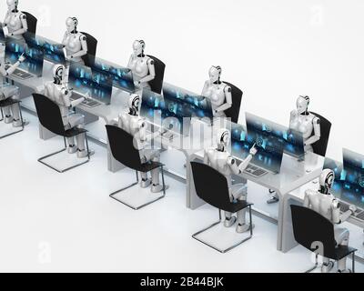 Konzept der Automatisierungsmitarbeiter mit 3D-Rendering weiblicher Cyborgs, die im Büro arbeiten Stockfoto