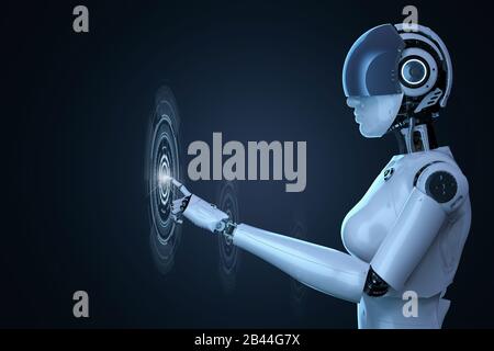 3D-Rendering weiblicher Cyborg mit grafischem Display Stockfoto