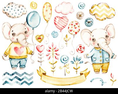 Kleiner Junge niedlicher Elefant. Aquarell Baumschule Cartoon Dschungel Tiere, Baloons, tropische Wolken. Adlige Kindertagesafari, isoliert auf weißem Backgroun Stockfoto