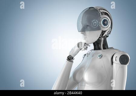 3D Rendering weiblicher Cyborg mit Brille Analyse oder Computing Stockfoto