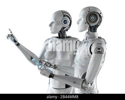 3D-Rendering zwei Cyborgs arbeiten mit einem Glastablett auf weißem Hintergrund Stockfoto