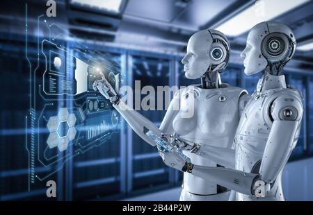 3D-Rendering-Cyborgs, die mit einem digitalen Tablet im Serverraum arbeiten Stockfoto