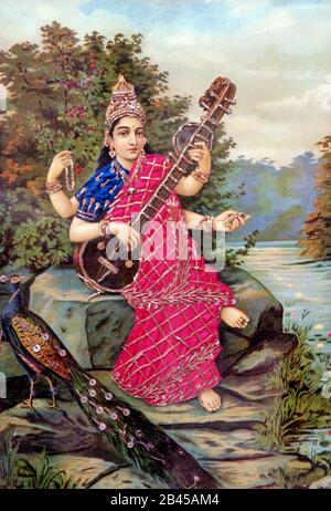 Miniaturbild der Goddess Saraswati, nattukottai chettinars Homes, Chettinad, tamil nadu, Indien, Asien Stockfoto