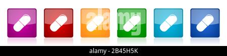 Medikamentensymbole, farbenfrohe, quadratische, glänzende Vektorgrafiken in 6 Optionen für Webdesign und mobile Anwendungen Stock Vektor