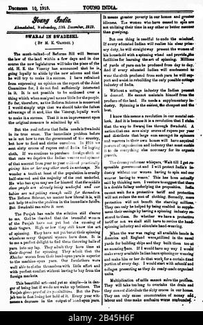 Mahatma Gandhi englischer Artikel Swaraj in Swadeshi in der Zeitung Young India, Ahmedabad, Indien, Asien, 10. Dezember 1919, alter Jahrgang 1900s Bild Stockfoto