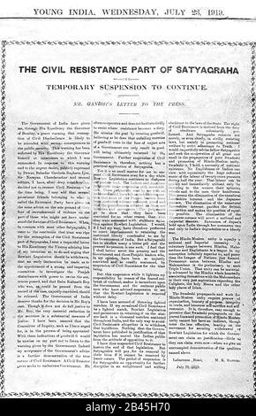 Mahatma Gandhi ziviler Widerstand satyagraha Appell in Young India Zeitung vom 28. Juli 1919, Bombay, Mumbai, Maharashtra, Indien, Asien, alten Jahrgang 1900s Bild Stockfoto