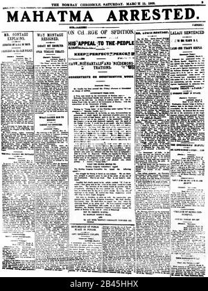 Mahatma Gandhi News auf der Titelseite der Zeitung The Bombay Chronicle, Bombay, Mumbai, Maharashtra, Indien, 11. März 1922, alter Jahrgang 1900s Bild Stockfoto