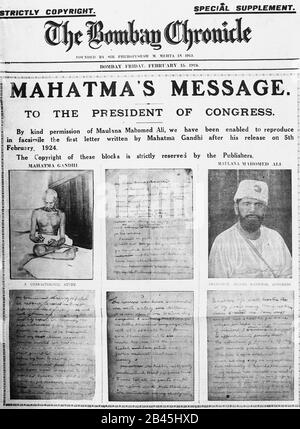 Mahatma Gandhi News auf der Titelseite der Zeitung The Bombay Chronicle, Bombay, Mumbai, Maharashtra, Indien, 15. Februar 1924, alter Jahrgang 1900s Bild Stockfoto