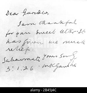 Mahatma Gandhi Brief an Rabindranath Tagore, Sabarmati Ashram, Ahmedabad, Gujarat, Indien, 3. Januar 1926, altes Bild des Jahrgangs 1900 Stockfoto