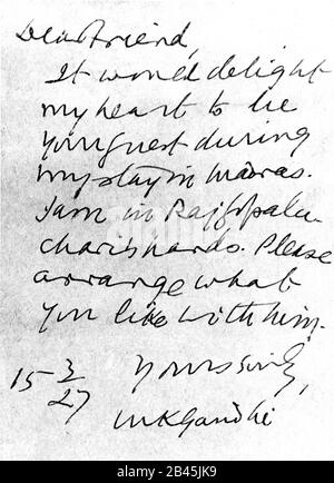 Mahatma Gandhi Hand geschriebener Brief an einen Freund in Madras, Chennai, Tamil Nadu, Indien, Asien, 15. März 1927, altes Bild des Jahrgangs 1900 Stockfoto